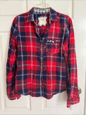 Abercrombie & Fitch Red and Navy Plaid Flannel Shirt